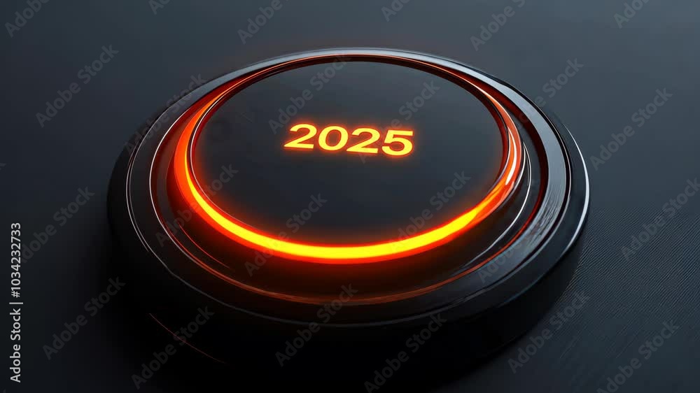 Illuminating orange light radiating around a 2025 button on a dark background