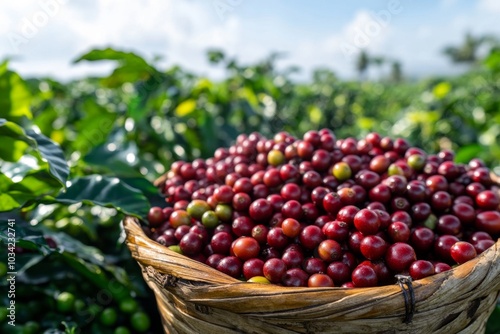 Baskets full of freshly picked coffee cherries, ready for processing photo