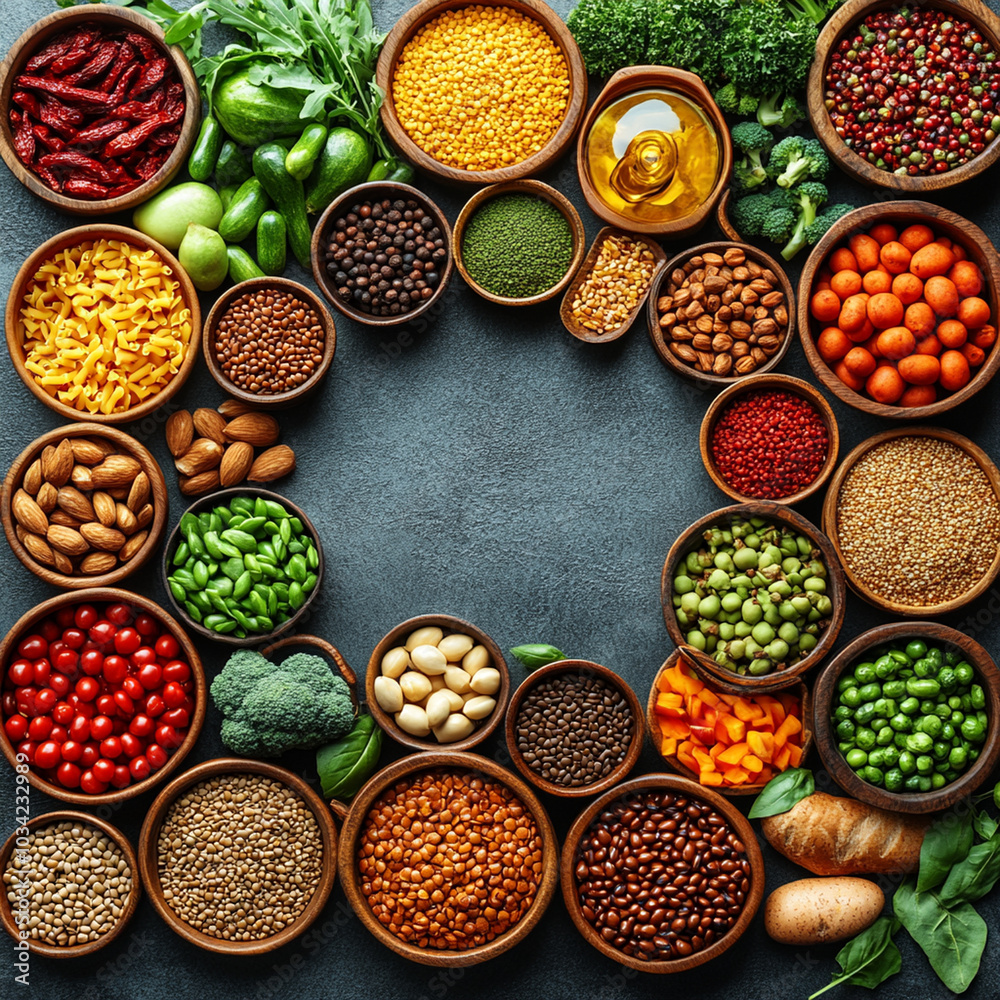 vibrant flat lay composition featuring array of colorful food donations, including various grains, nuts, vegetables, and spices, arranged in bowls on textured gray background vibrant flat lay composition featuring array of colorful food donations, including various grains, nuts, vegetables, and spices, arranged in bowls on textured gray background