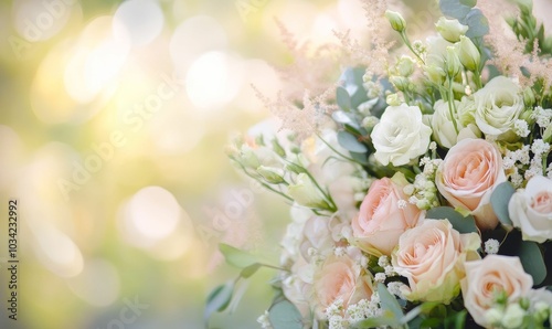 Soft pink and white roses in a bouquet.