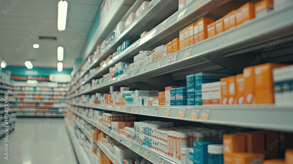 Fototapeta premium Discovering a vibrant pharmacy aisle showcasing medical products in the heart of urban life during midday