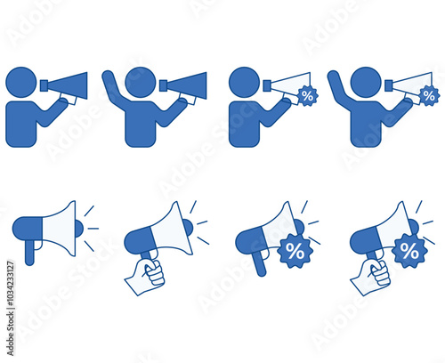 set of megaphone icon communication via loudspeaker containing promotion advertising marketing public communication advert promo campaign