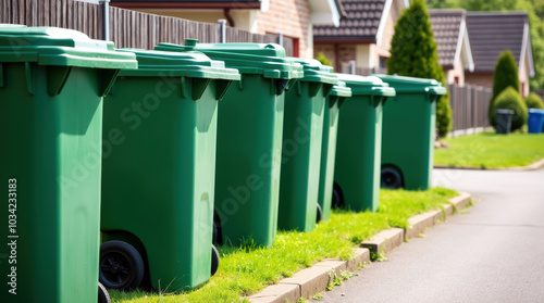 Organized Green Trash Bins Lined Up Along Sidewalk in Suburban Neighborhood