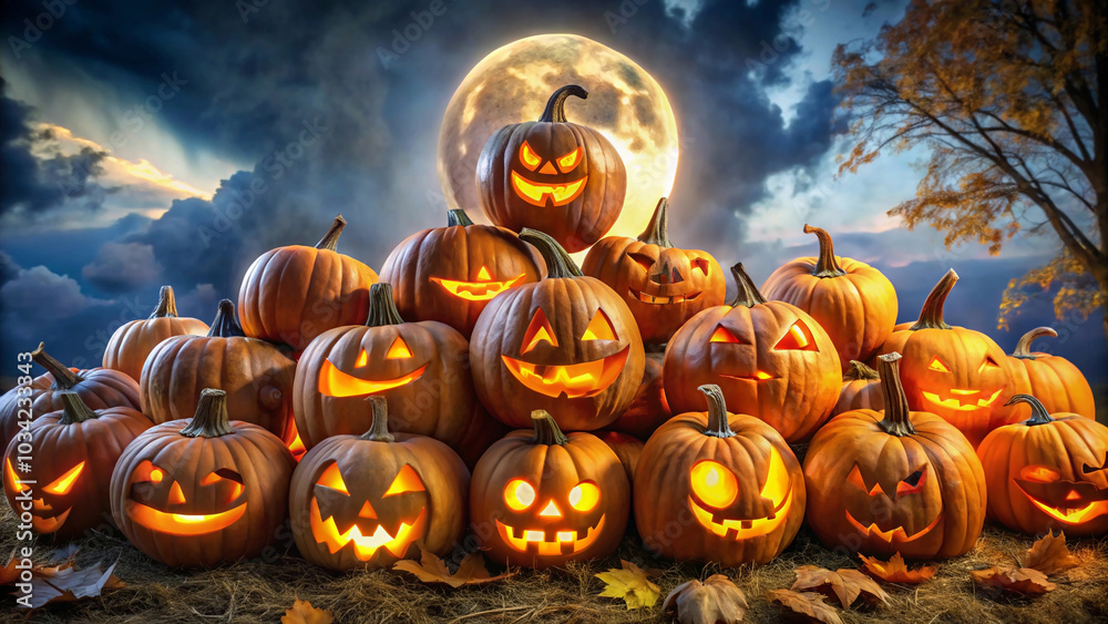 A pile of glowing jack-o-lanterns with carved scary faces A pile of glowing jack-o-lanterns with carved scary faces