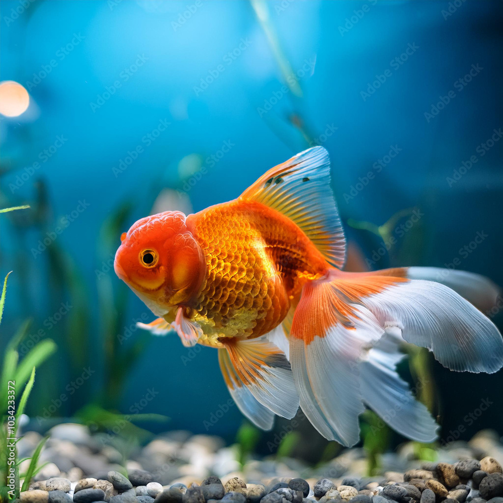 A vibrant Oranda goldfish glides gracefully in its crystal-clear aquarium, delicate fins fanning the water, showcasing vivid hues and intricate beauty in a serene underwater world. A vibrant Oranda goldfish glides gracefully in its crystal-clear aquarium, delicate fins fanning the water, showcasing vivid hues and intricate beauty in a serene underwater world.