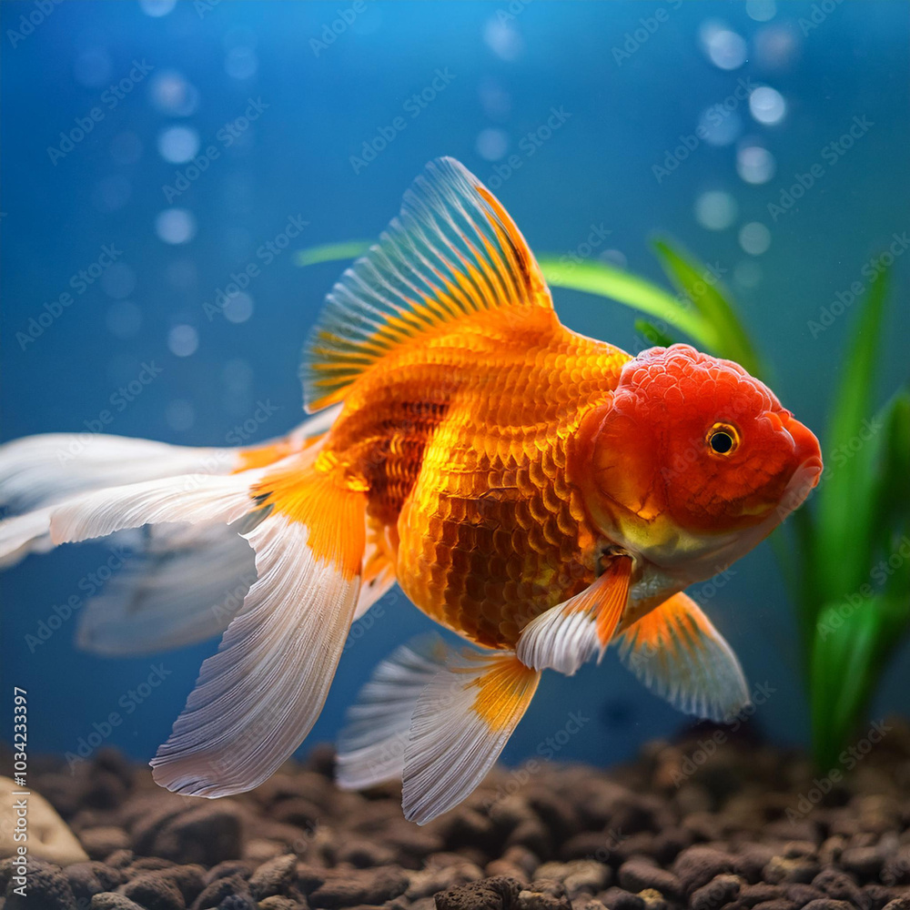 A vibrant Oranda goldfish glides gracefully in its crystal-clear aquarium, delicate fins fanning the water, showcasing vivid hues and intricate beauty in a serene underwater world. A vibrant Oranda goldfish glides gracefully in its crystal-clear aquarium, delicate fins fanning the water, showcasing vivid hues and intricate beauty in a serene underwater world.