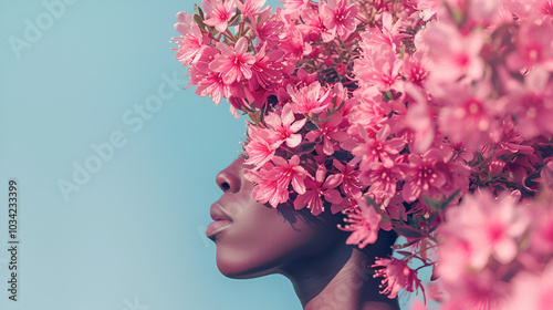 Artistic portrait of a black woman with spring flowers and branches blooming from her hair against a blue sky with copy space