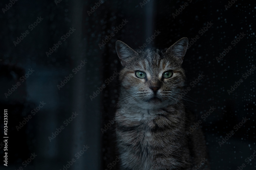 A close-up of a cat sitting and looking outside behind a glass window with raindrops on it A close-up of a cat sitting and looking outside behind a glass window with raindrops on it