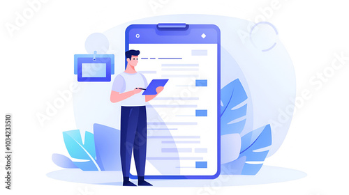 Isolated flat illustration of health insurance. Huge health insurance form on clipboard. A man fills out a paper form for insurance.