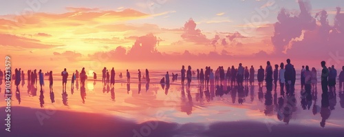 Silhouettes of people at sunset reflected in the water.