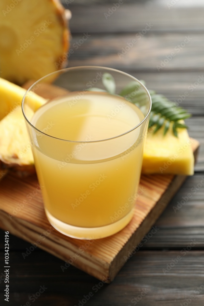 Tasty pineapple juice in glass and slices of fresh fruit on wooden table, closeup Tasty pineapple juice in glass and slices of fresh fruit on wooden table, closeup