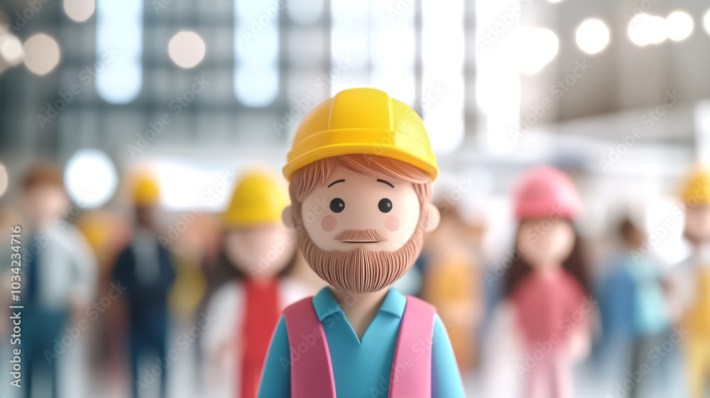 cheerful construction worker stands in focus, surrounded by diverse group of job seekers at bustling job fair. atmosphere is filled with hope and opportunity
