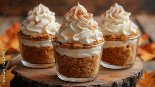 Mini no-bake pumpkin pies in glass cups with whipped cream topping, fall dessert