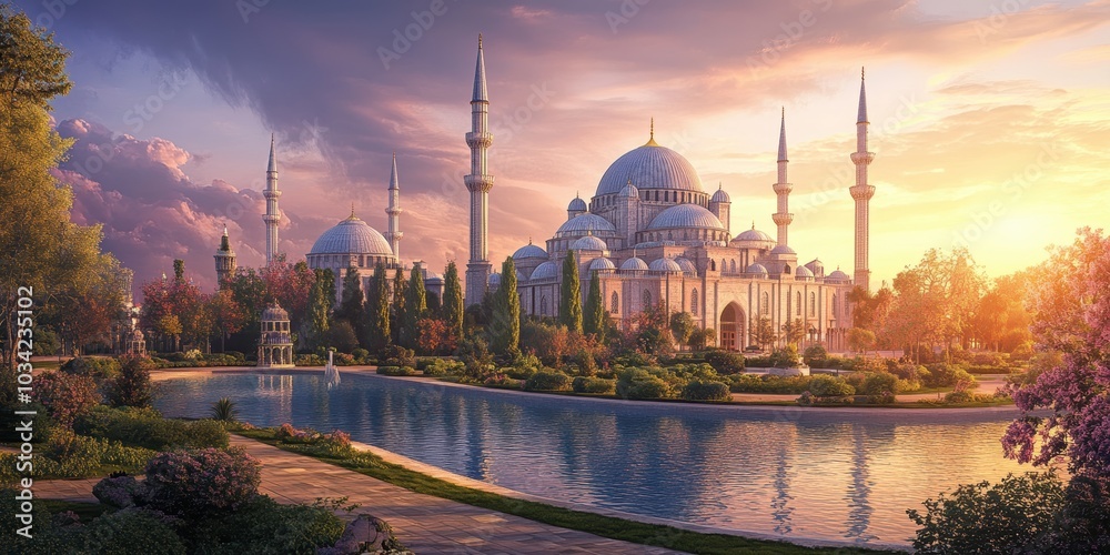Fototapeta premium Mosque with minarets and pond at sunset.