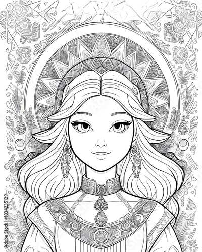 Beautiful girl in ethnic style. Black and white vector illustration.