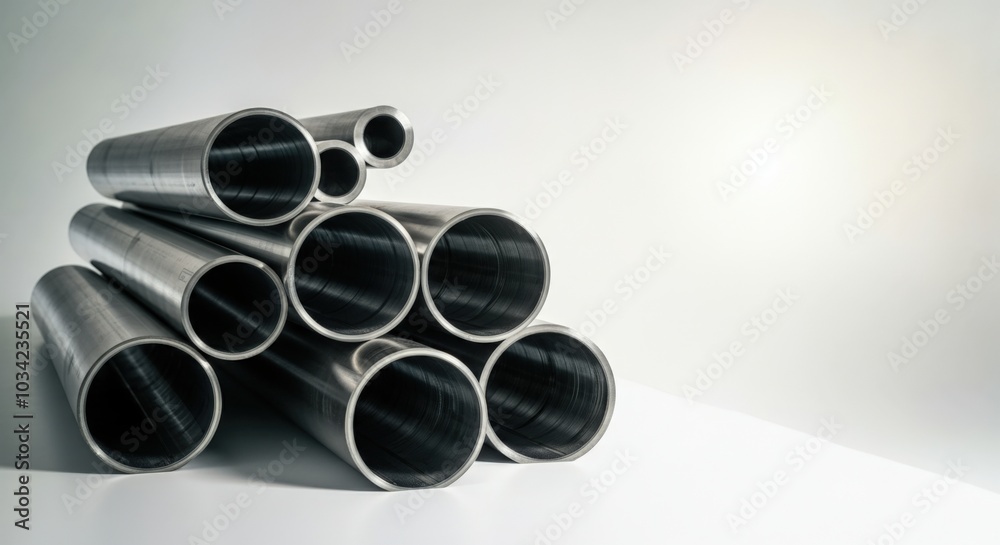 Fototapeta premium Stacked Metal Pipes Against White Background