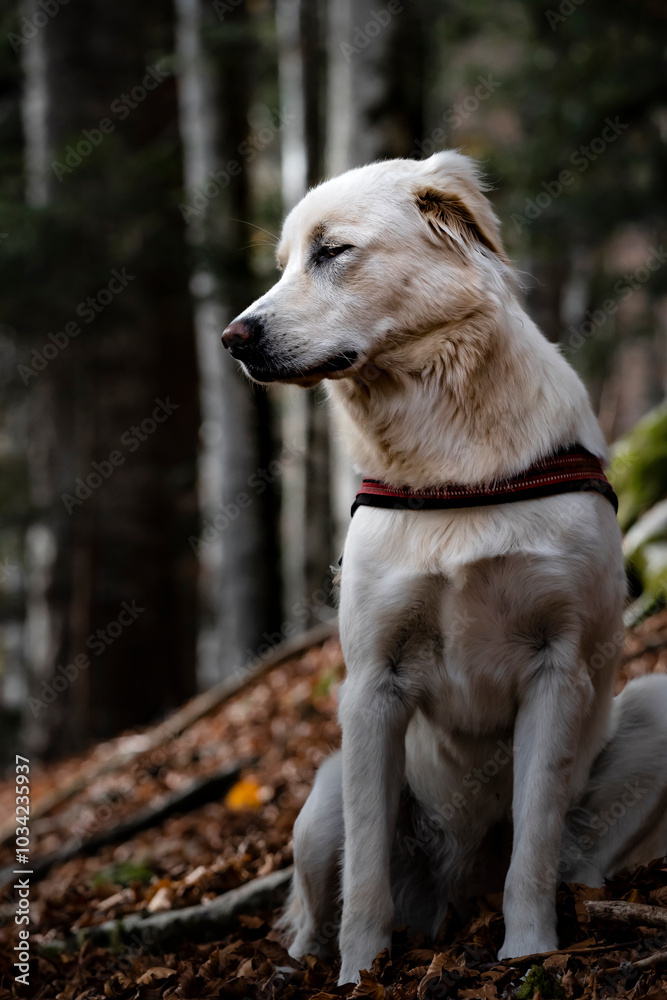 Ritratto di un cane bianco in una foresta autunnale Ritratto di un cane bianco in una foresta autunnale