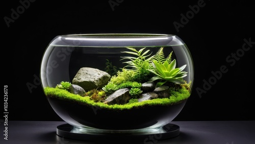 A vibrant mini terrarium featuring succulents and moss, set against a black background. Black background vivarium photo