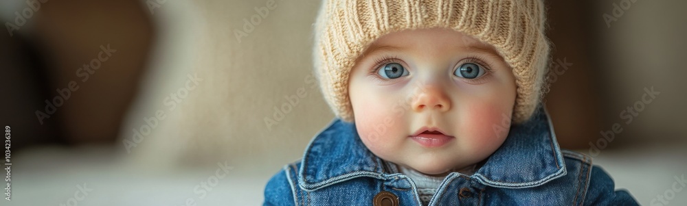 Baby wearing a hat and jacket looking at the camera Baby wearing a hat and jacket looking at the camera