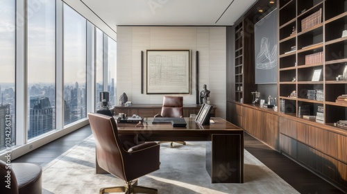 Modern office with city view and large wooden desk.