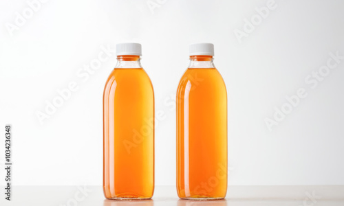 Pair of Bottles Filled with Fresh Orange Juice on Light Background Perfect for Healthy Beverage