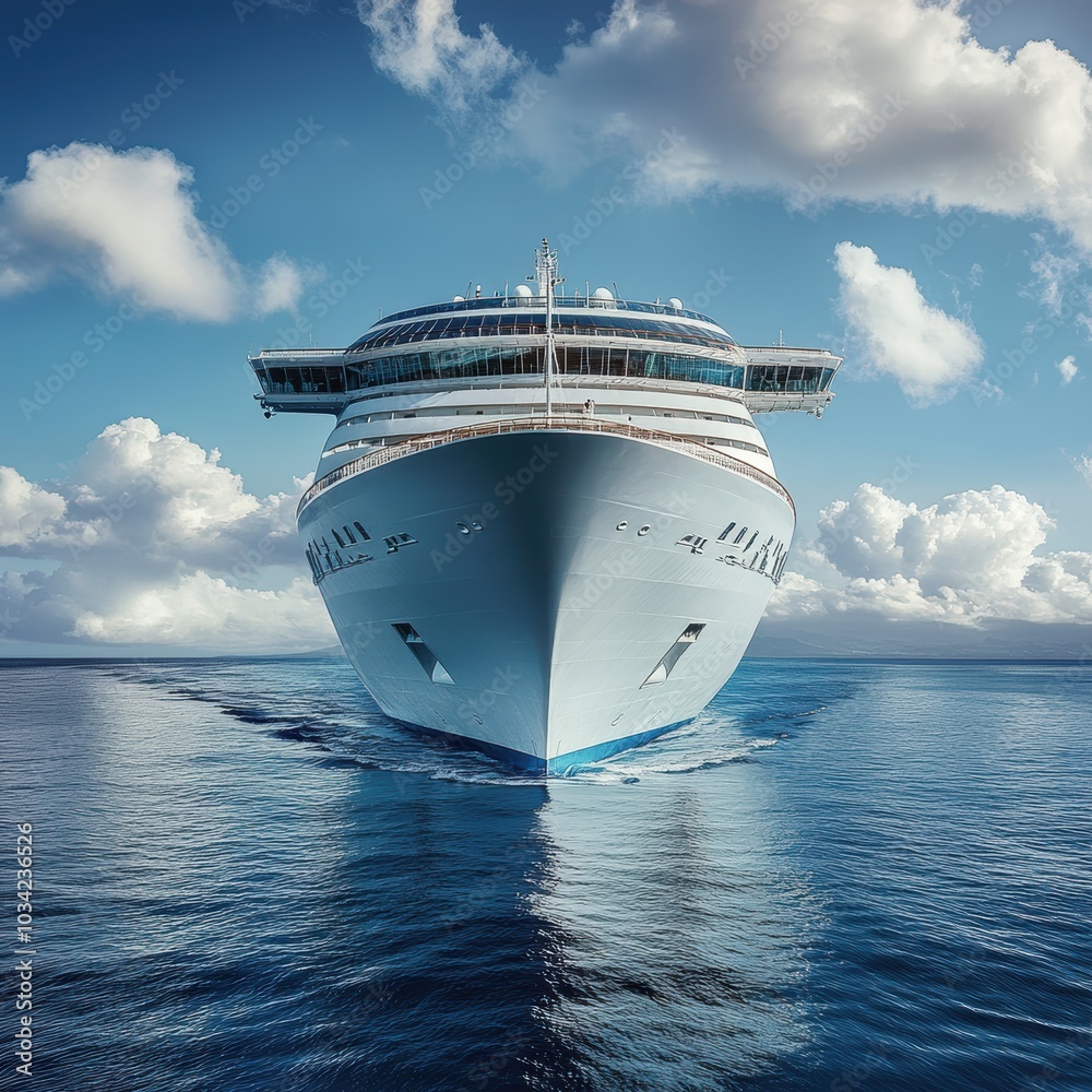 Naklejka premium Cruise ship bow in blue ocean under cloudy sky.