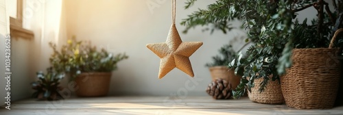 A handmade star ornament suspended in a cozy, sunlit interior with natural woven baskets and holiday greenery, offering a warm and inviting seasonal atmosphere. photo