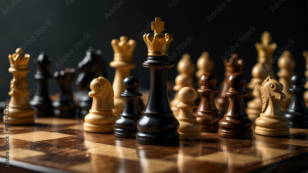 Black gold chess pieces surround the black king winner in the chess board game tournament. idea strategy examining it Black gold chess pieces surround the black king winner in the chess board game tournament. idea strategy examining it
