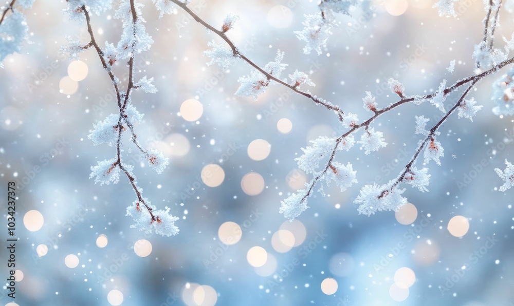 Frost-covered branches with bokeh lights.
