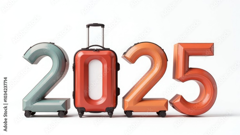 Naklejka premium Colorful numbers 2025 as luggage made of modern polycarbonate wheeled suitcases isolated on white background