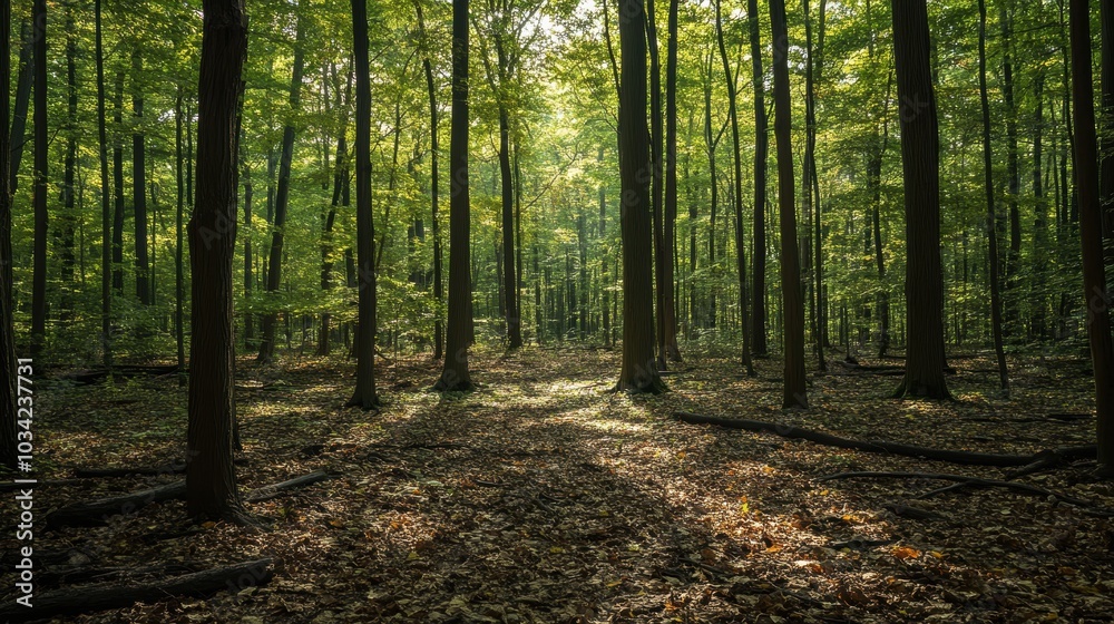 Fototapeta premium Sunlight dappled through forest trees.