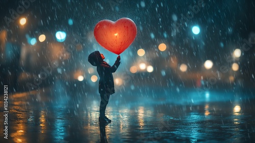 Child holding heart-shaped balloon under rain, glowing city lights in background, capturing a moment of joy.