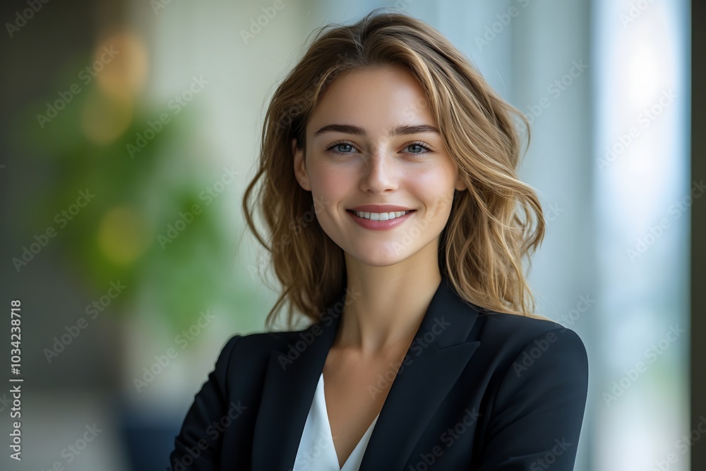 Smiling Businesswoman with Natural Confidence in Modern Office Smiling Businesswoman with Natural Confidence in Modern Office