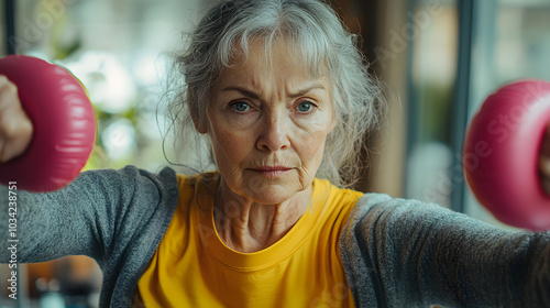 Elderly Woman in Athletic Wear: Embracing Fitness and Style with Gray Hair and a Vibrant Energy! Inspiring Active Living at Any Age, Showcasing Strength and Grace in Modern Sportswear. 