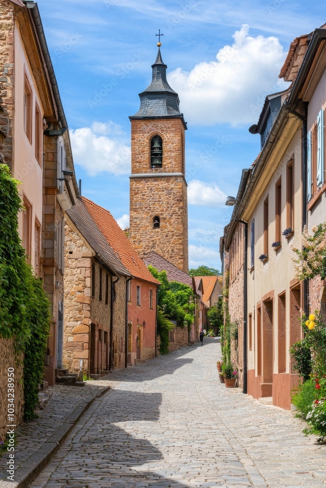 Charming cobblestone street with historic architecture and a clock tower. Charming cobblestone street with historic architecture and a clock tower.