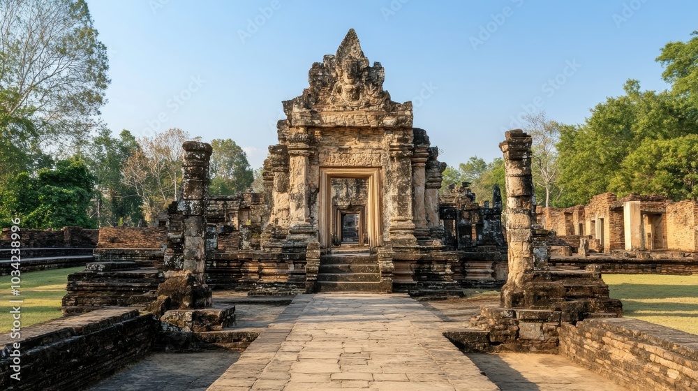 Ancient stone temple ruins with a pathway. Ancient stone temple ruins with a pathway.