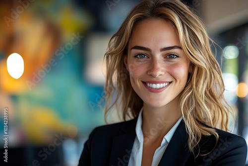 Smiling Businesswoman with Bright Eyes in Modern Office Setting