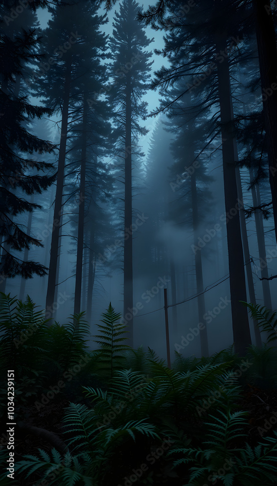 Obraz premium Mist in between a trees of magic mysterious night dark spruce spooky forest with ferns. Opulent vegetation on foreground. Halloween backdrop isolated with white highlights, png