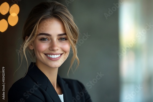 Smiling Businesswoman with Bright Eyes and Window Light