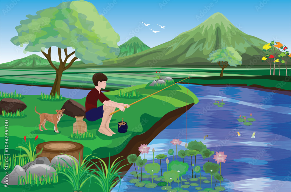 A country boy is sitting on the bank fishing.vector design A country boy is sitting on the bank fishing.vector design