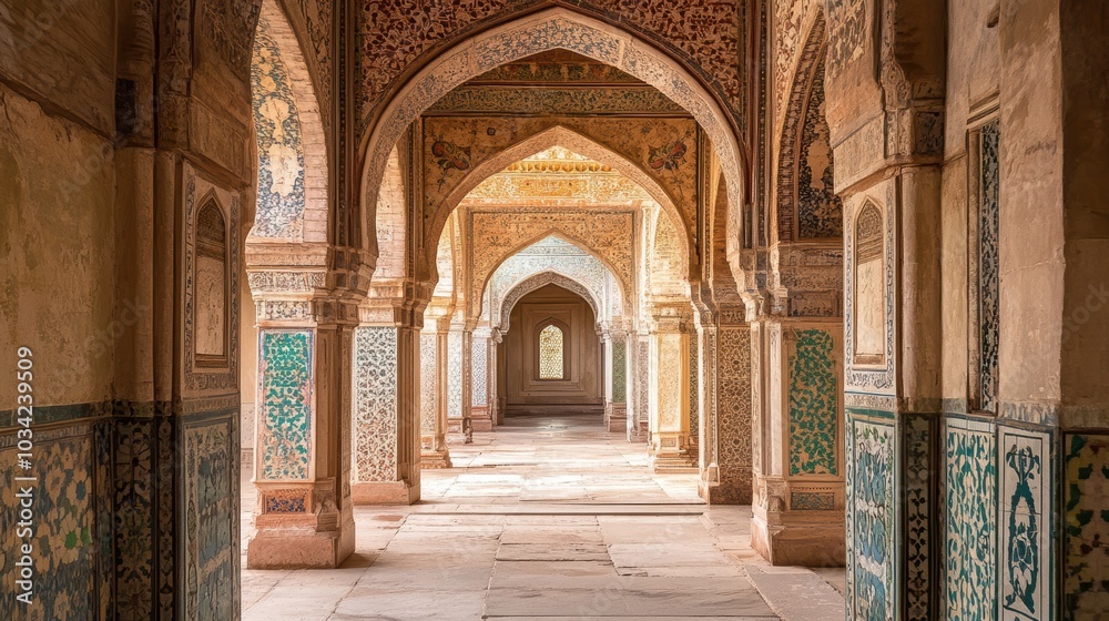 Fototapeta premium Ornate archway hallway with patterned tiles.