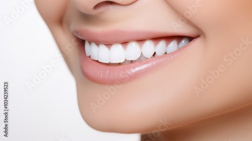 A female displays a bright smile featuring perfectly whitened crown teeth in a dental care setting. The focus is on her veneer smile and the shade guide for tooth whitening