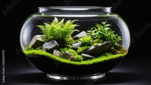 A vibrant mini terrarium featuring succulents and moss, set against a black background. Black vivarium background photo