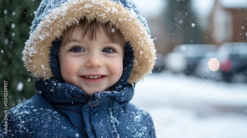 Boy toddler enjoying the first snow in winter coat, happy and smiling