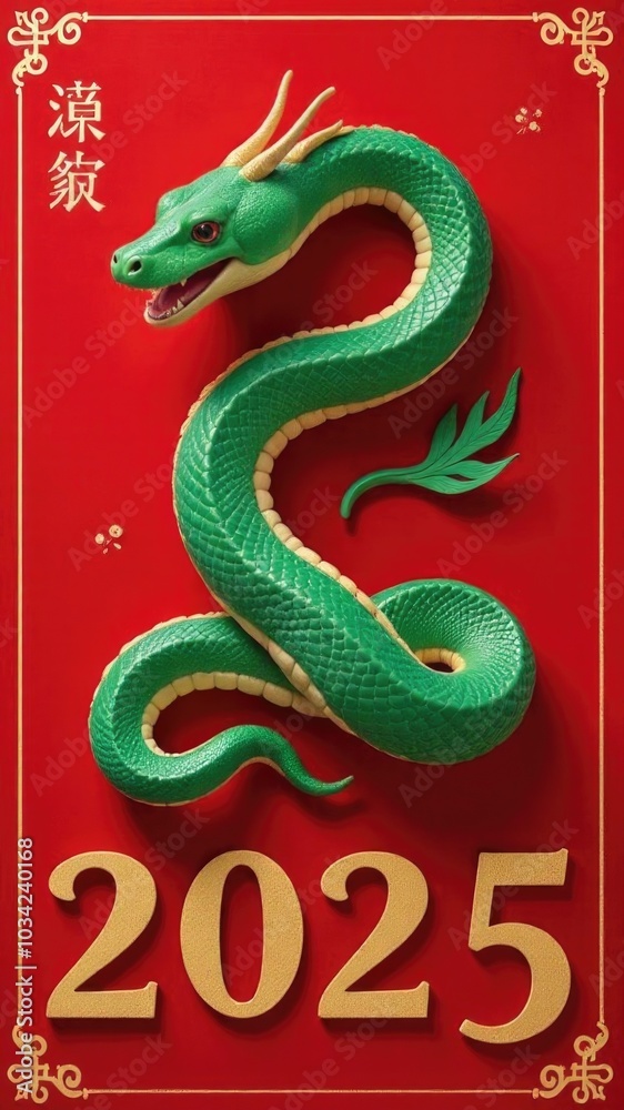 Fototapeta premium Intricate green dragon artwork for Chinese New Year 2025 on vibrant red background.