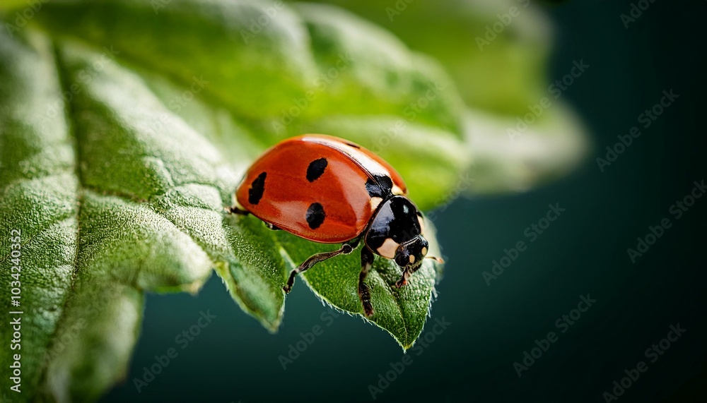 Fototapeta premium Macro photo of a ladybug on leaves in the garden