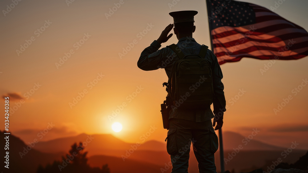 Silhouette of soldier saluting an American flag during sunset Silhouette of soldier saluting an American flag during sunset