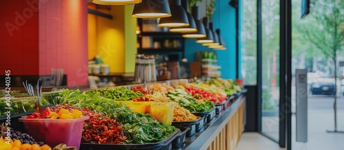 A colorful salad bar with fresh, organic vegetables displayed in black trays.