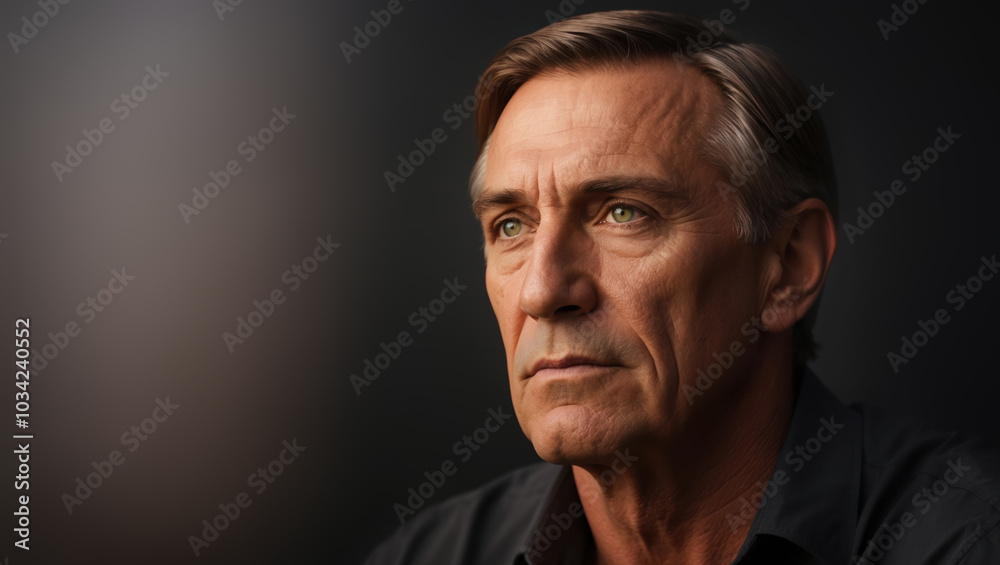 Mature man with grey hair looking away from camera on dark background Mature man with grey hair looking away from camera on dark background