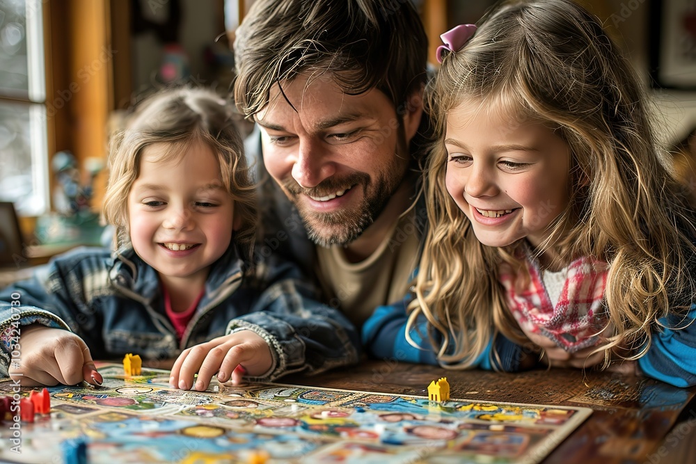Fototapeta premium family playing board games together living laughter smiles person room free space text
